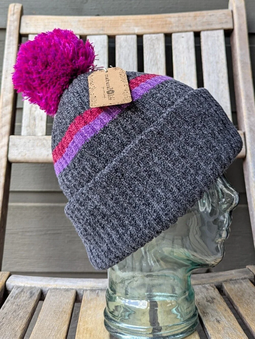 NWT Natural Life 2-in-1 Scarf Beanie Charcoal Gray Magenta Violet Chenille Knit
